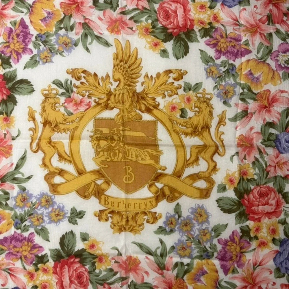 BURBERRYS Scarf Handkerchief Floral Crest Cotton White Navy 22x22